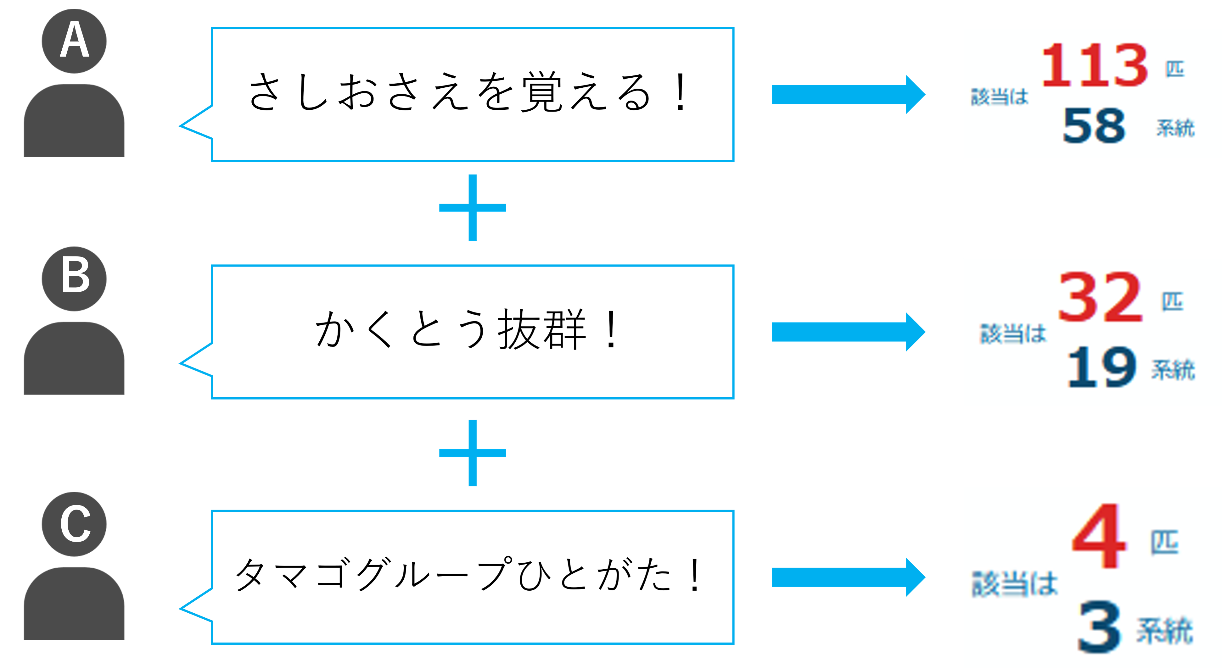 プレイヤーが順番に条件を出し、該当匹数・系統数が減っていく様子